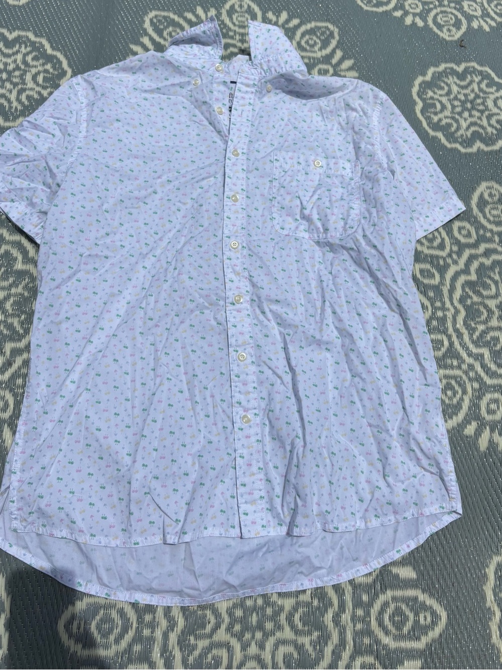 White with Pastel Palm Trees Short-Sleeve Button-Up Shirt